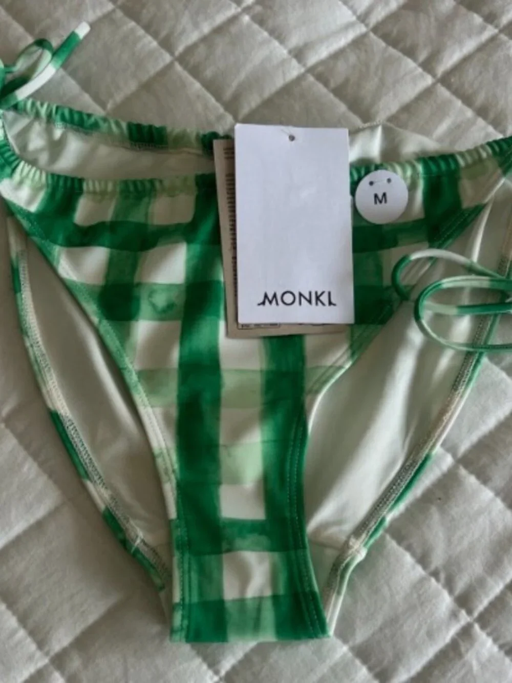 NWT Monki EU MEDIUM Neon Check Print Tie Side Bikini Bottom Swimwear #433625